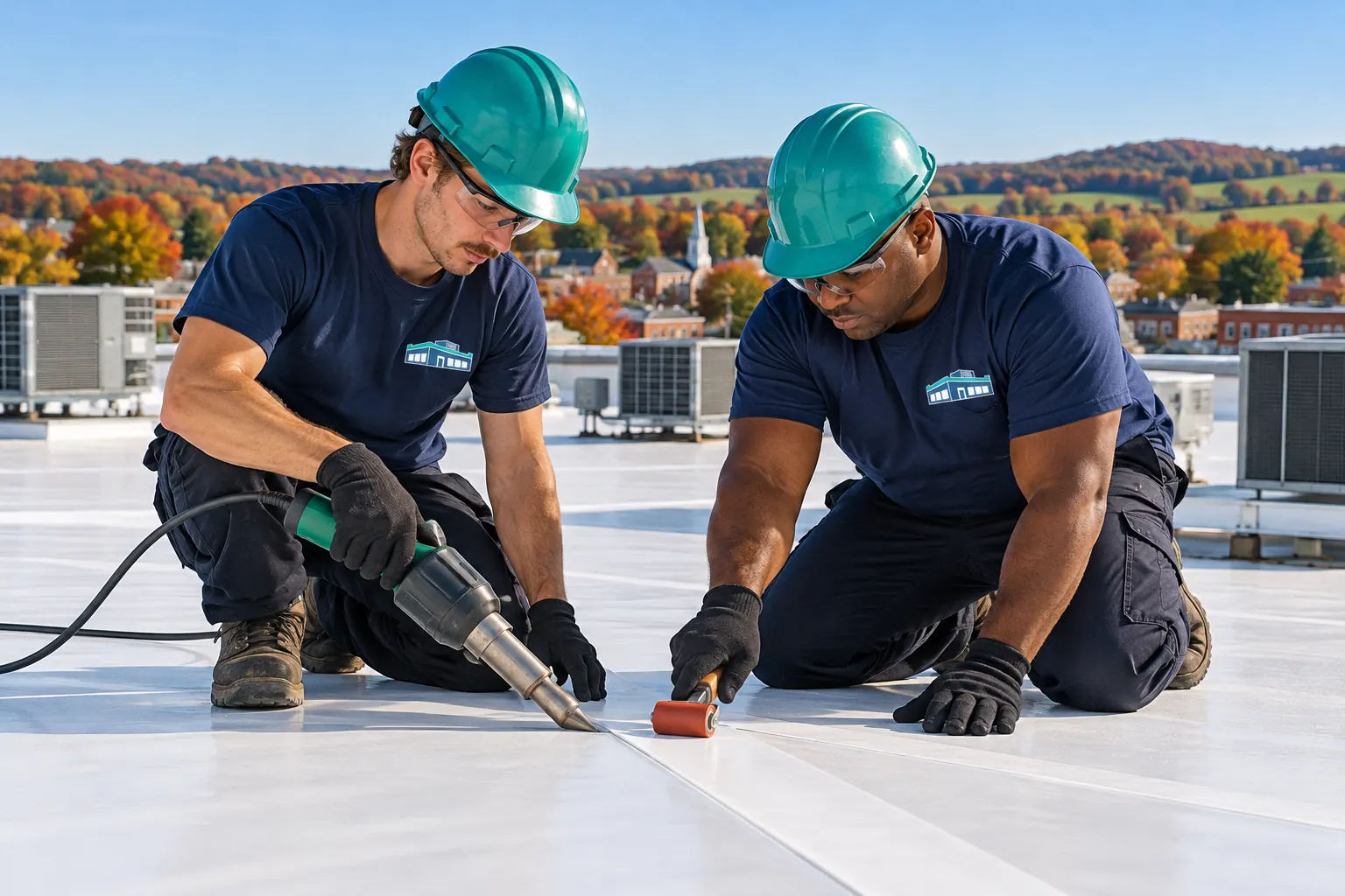 Roofing crew working on a white TPO membrane roof