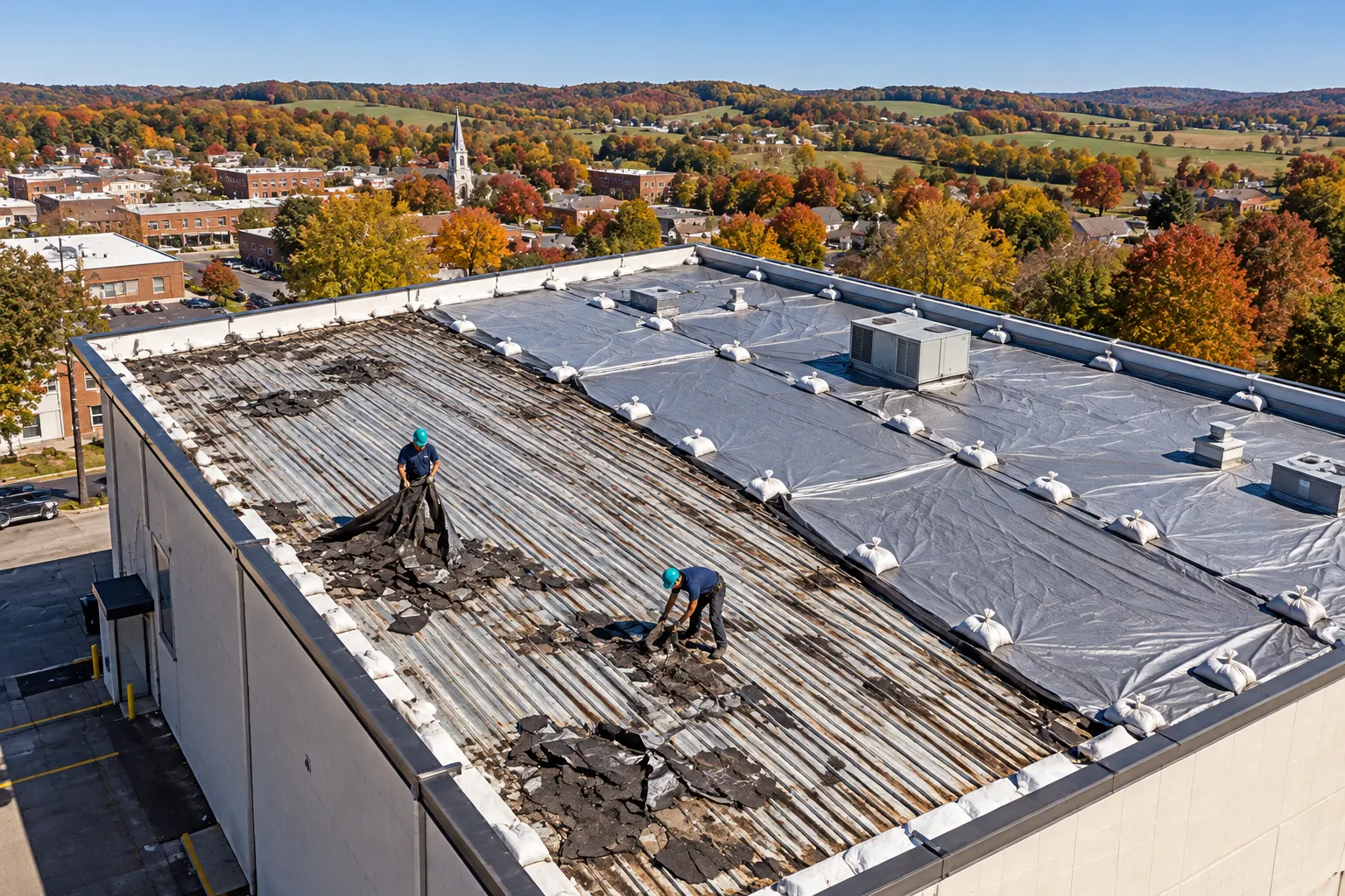 Crew tearing an old commercial roof down to the deck